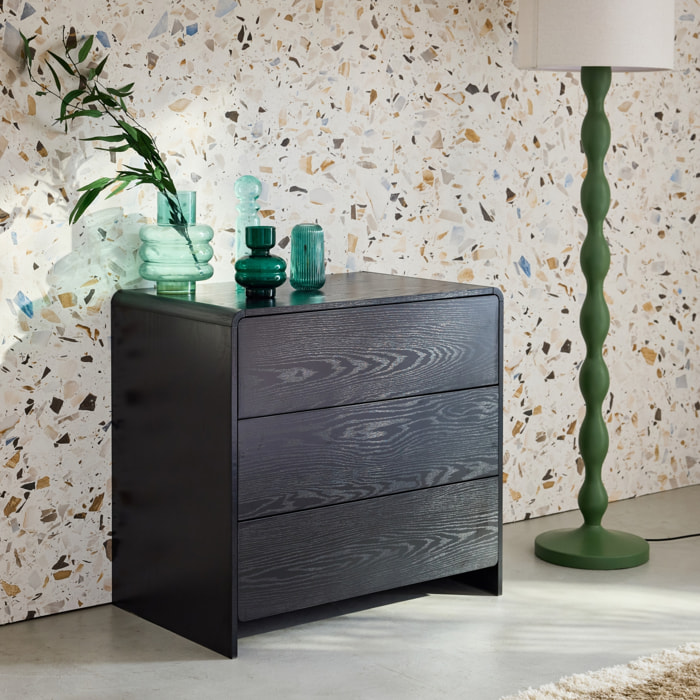 Commode 3 tiroirs effet bois arrondi. noir
