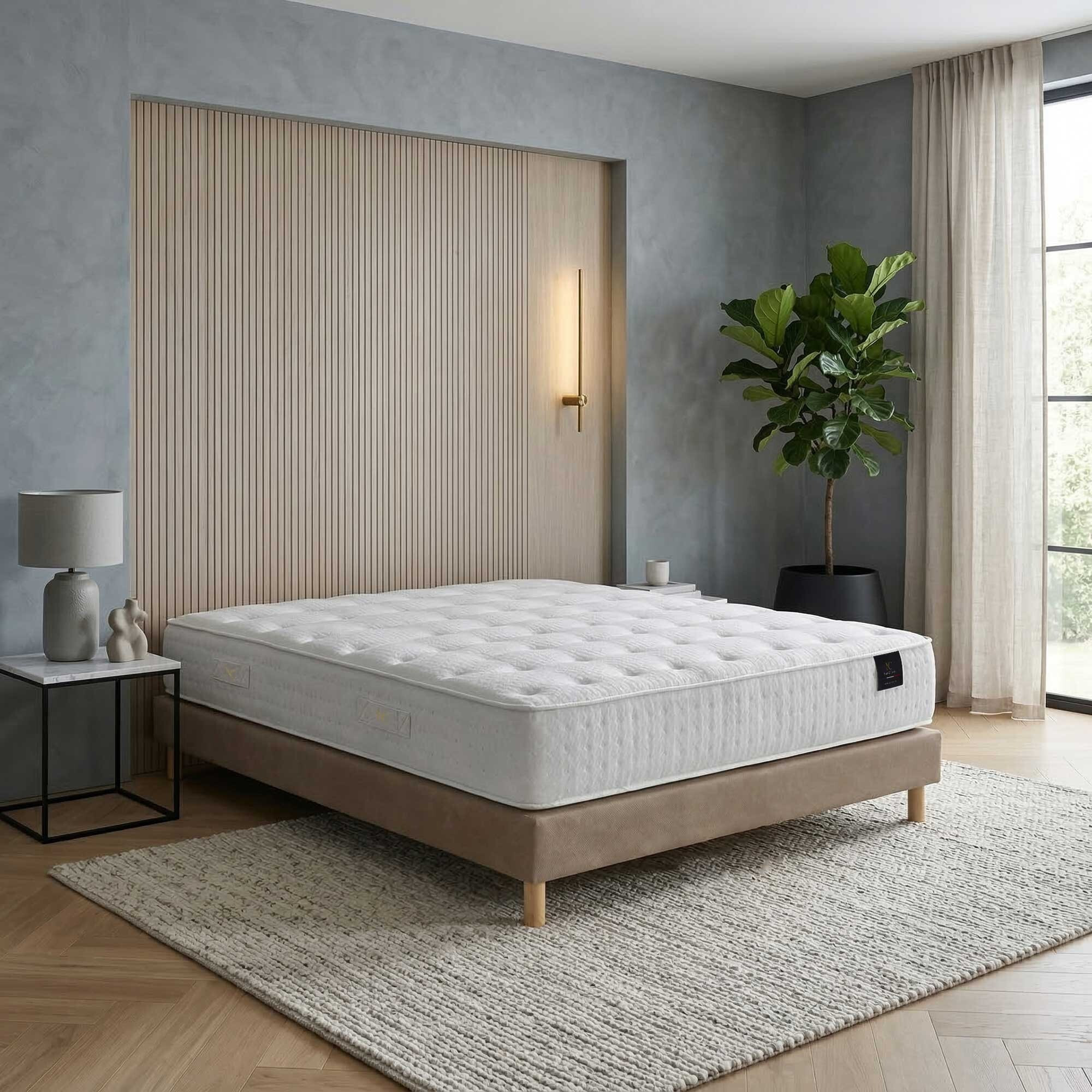 Ensemble matelas ressorts PULSAR, mémoire de forme, H27 cm, sommier taupe