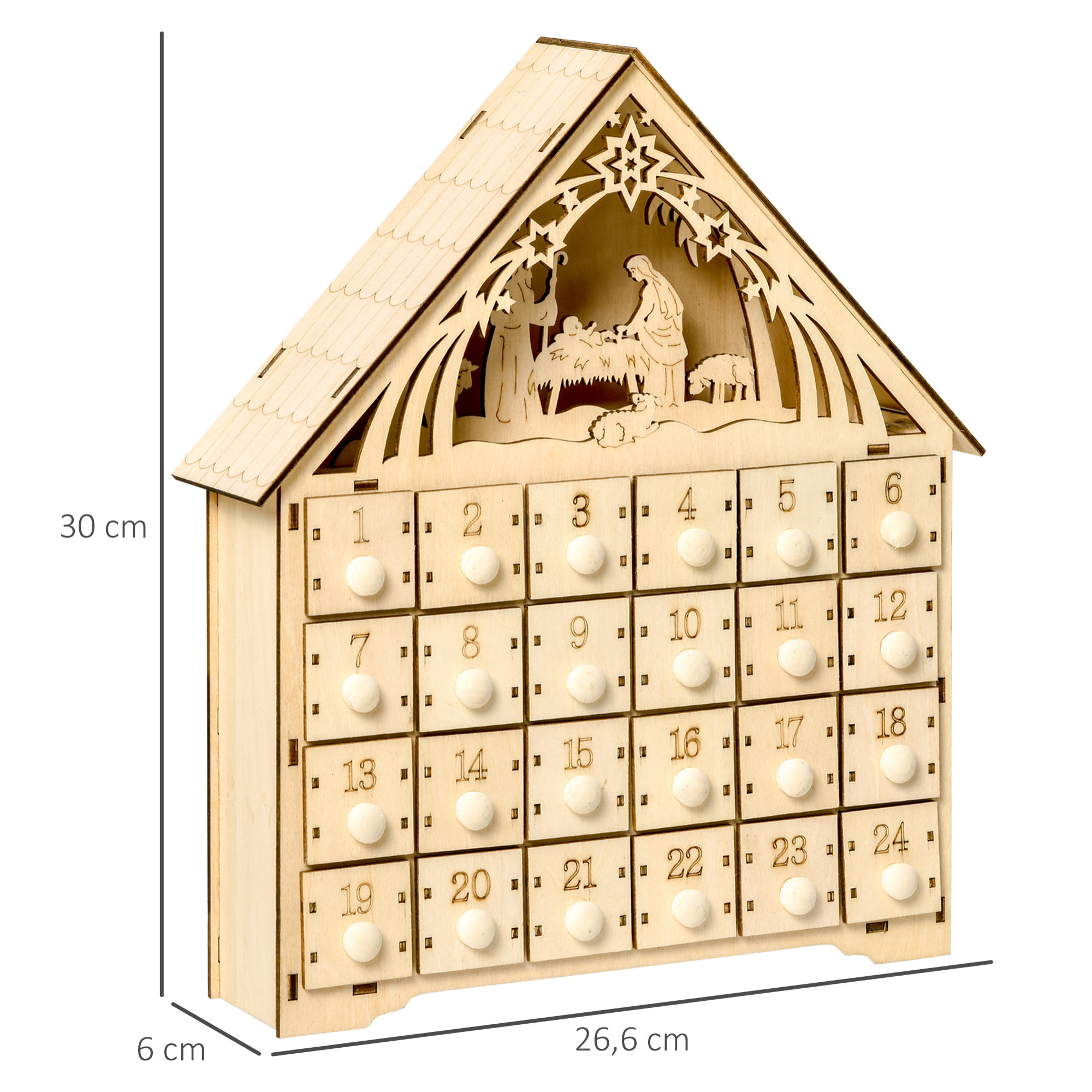 Calendrier de l'Avent en bois décoration de crèche de Noël - 24 tiroirs - naturel