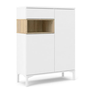 Credenza a due ante e un cassetto, colore bianco con un vano di colore rovere, Misure 88 x 118 x 36 cm