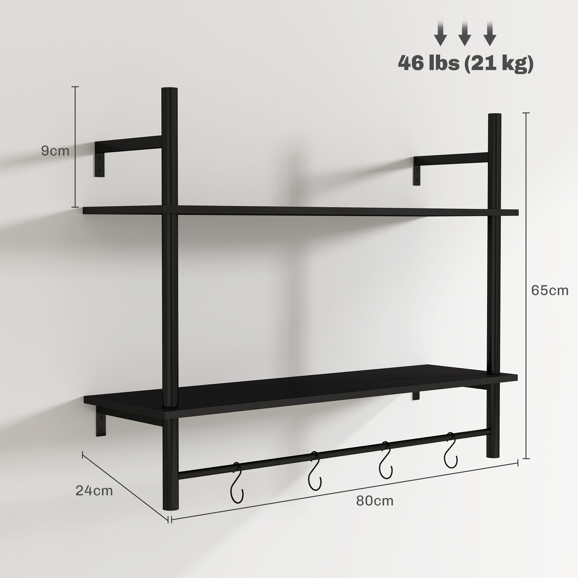 Estante de Pared de 2 Niveles Estante Flotante Repisas de Pared con 4 Ganchos 2 Estantes y Marco de Acero para Entrada Salón Dormitorio 80x24x65 cm Negro