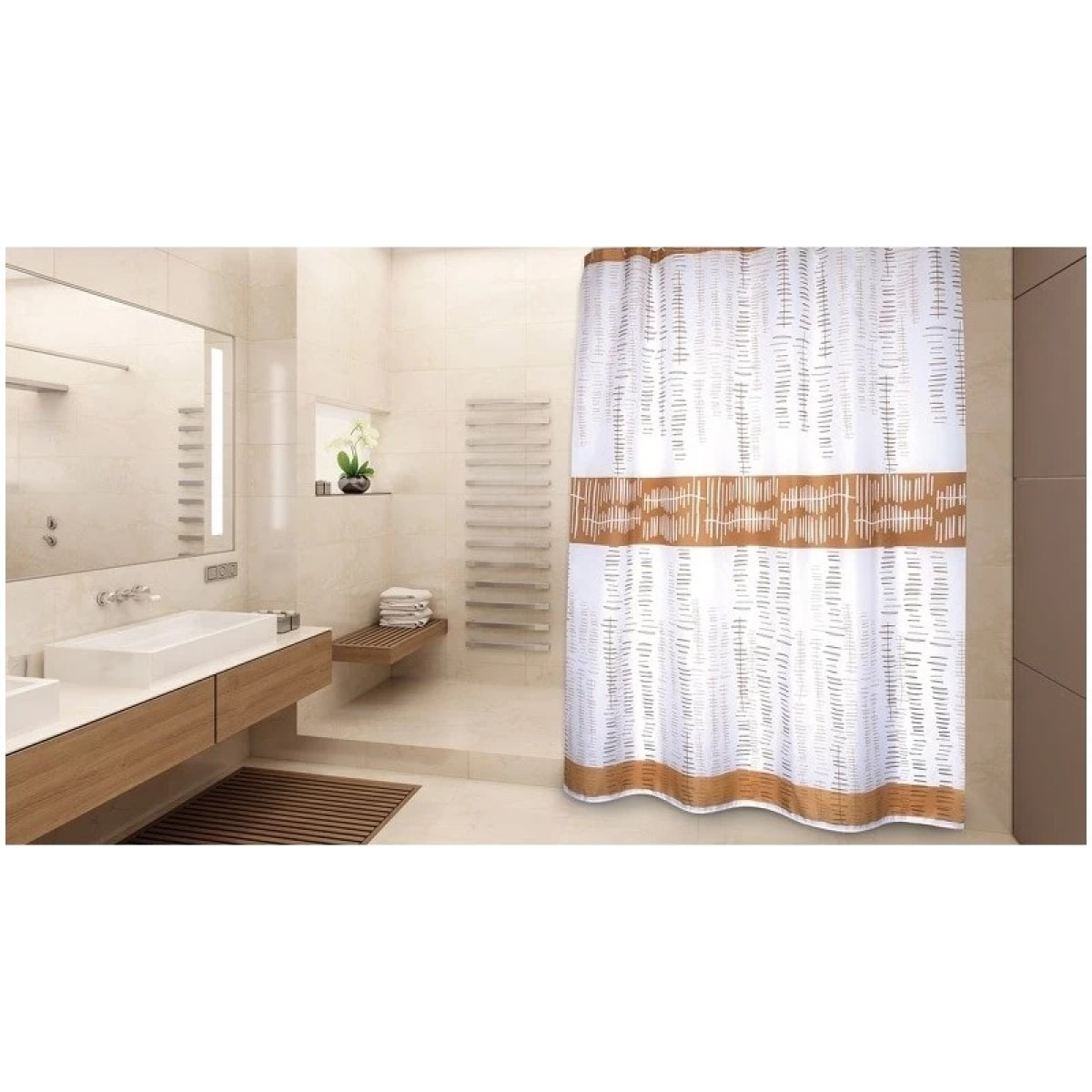 Rideau de douche Polyester ONS 180x200cm QUALITE PREMIUM Blanc & Marron - Anneaux inclus MSV