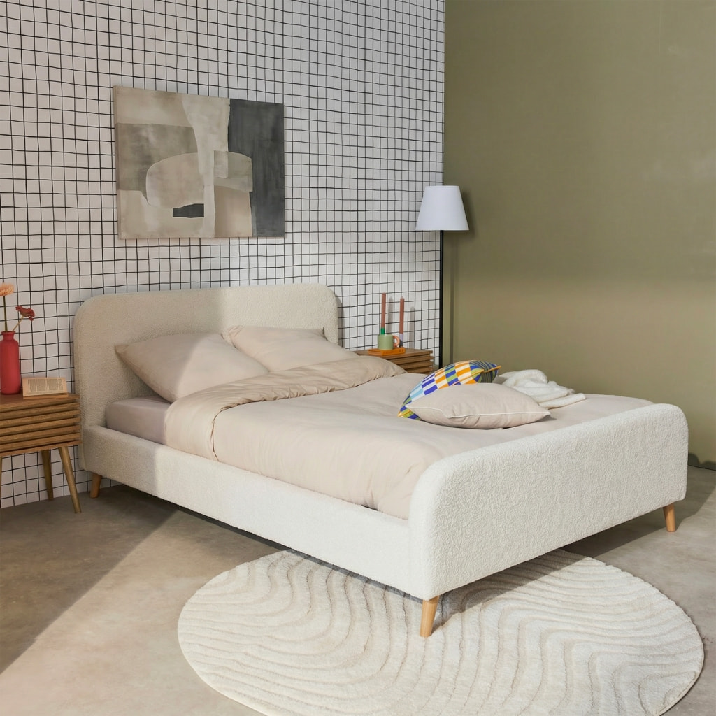 Lit avec sommier et tête de lit rembourrée 140 x 190 cm bouclette FINN