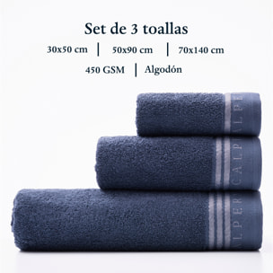 Set toallas baño (tocador 30x50cm + manos 50x90cm + baño 70x140cm) 450gsm en algodón azul con gris scalpers home