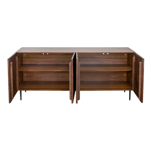 Buffet design en bois foncé chêne massif gravé et métal noir 4 portes L180 cm ARCHIPEL