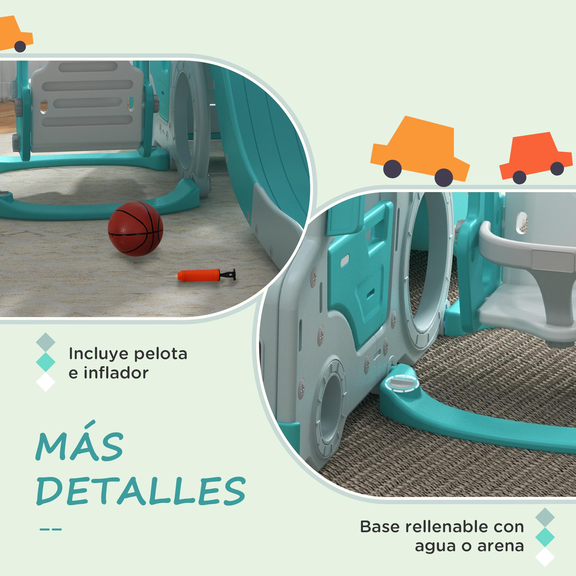 Juego de Tobogán y Columpio para Niños 6 en 1 Columpio Infantil de 18-48 Meses Tobogán para Bebés con Trompeta Silla y Baloncesto Carga 50 kg 201x151x87,5 cm Azul Claro