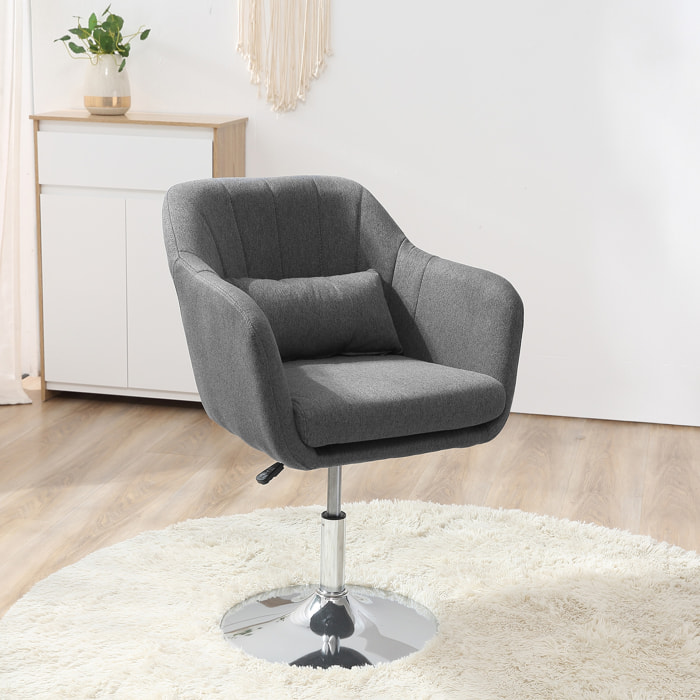 Fauteuil lounge design grand confort coussins lombaires hauteur réglable pivotant 360° piètement métal chromé lin gris