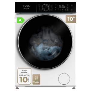 EVVO Lavadora 10 kg Nature R10, 1400 rpm, Clase A, Motor Inverter, 13 programas, vapor, Super Spa, lavado rápido, blanca