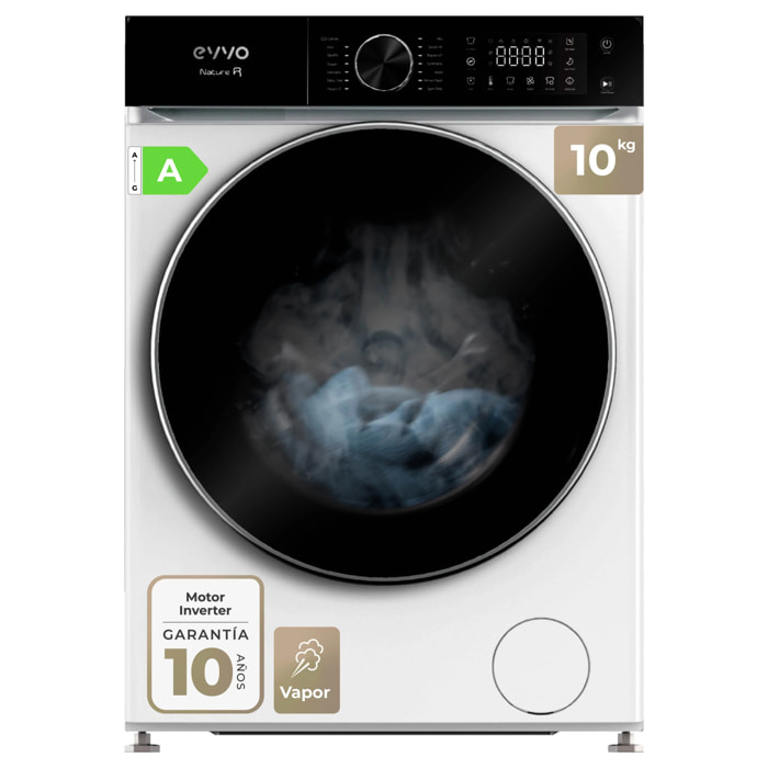 EVVO Lavadora 10 kg Nature R10, 1400 rpm, Clase A, Motor Inverter, 13 programas, vapor, Super Spa, lavado rápido, blanca