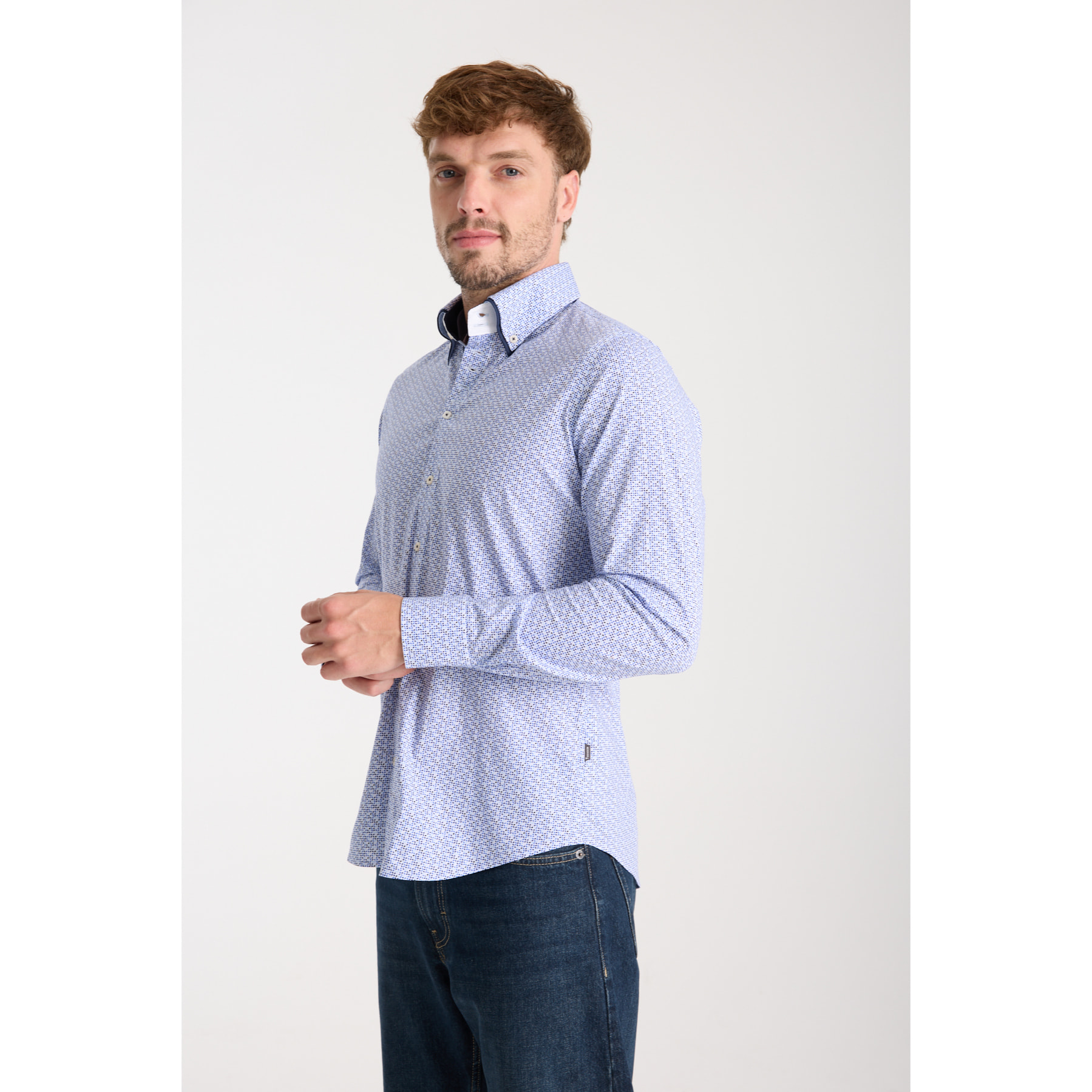 Camicia Uomo 2 Bottoni Button Down 7bottoni Doppio Coll Popeline Stretch Stampato Bianco/Celeste