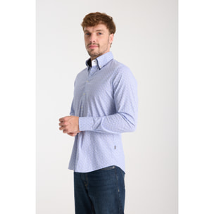 Camicia Uomo 2 Bottoni Button Down 7bottoni Doppio Coll Popeline Stretch Stampato Bianco/Celeste