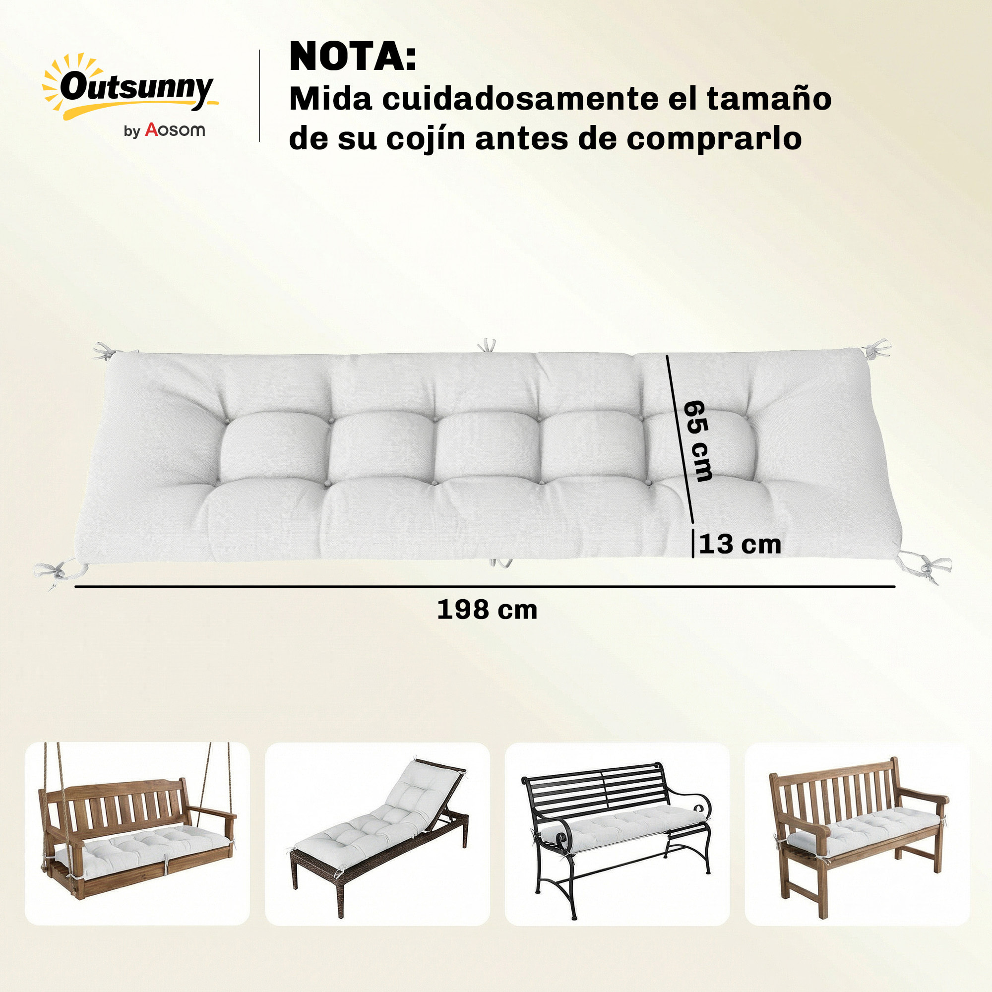 Cojín para Banco Exterior, Cojín para Banco y Tumbona de Jardín con Correas de Sujeción, Protección UV50+, Rebote Lento, para Interior y Exterior, 198x65x13 cm, Crema