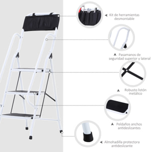 Escalera Plegable de 3 Peldaños Escalera de Tijera de Metal con Apoyabrazos y Portaherramientas Carga 150 kg 51x66x131 cm Blanco y Negro