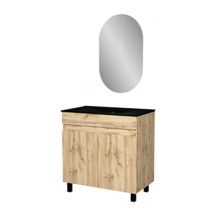 Meuble Salle de Bains 80cm 2 Portes Chêne Naturel + Vasque Noire et Miroir Ovale