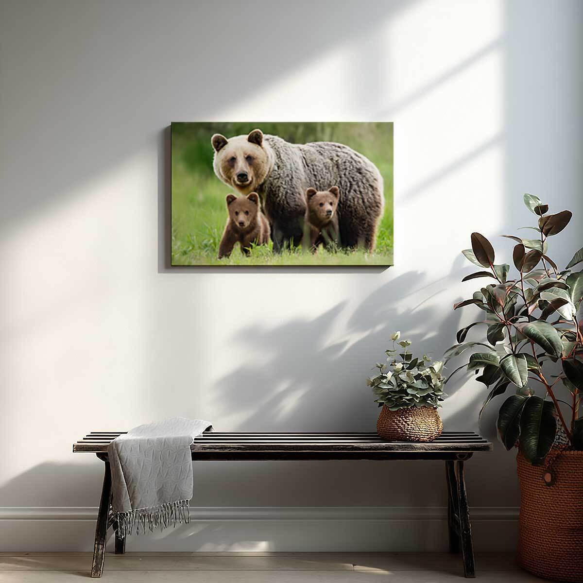 Tableau ours brun et ses oursons en pleine nature Toile imprimée