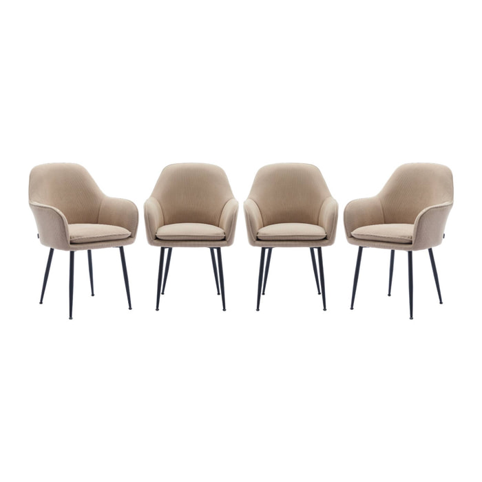 Lot de 4 fauteuils en velours côtelé beige et pieds en métal noir mat. L 57 x P 59 x H 84.5cm