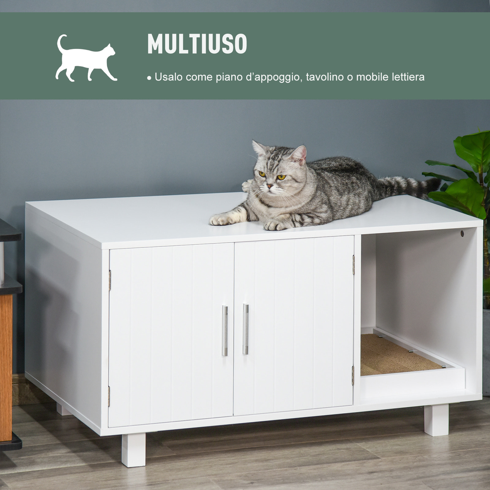 PawHut Mobile per Lettiera Gatti in Legno, 2 Ante e Apertura Laterale con Tiragraffi