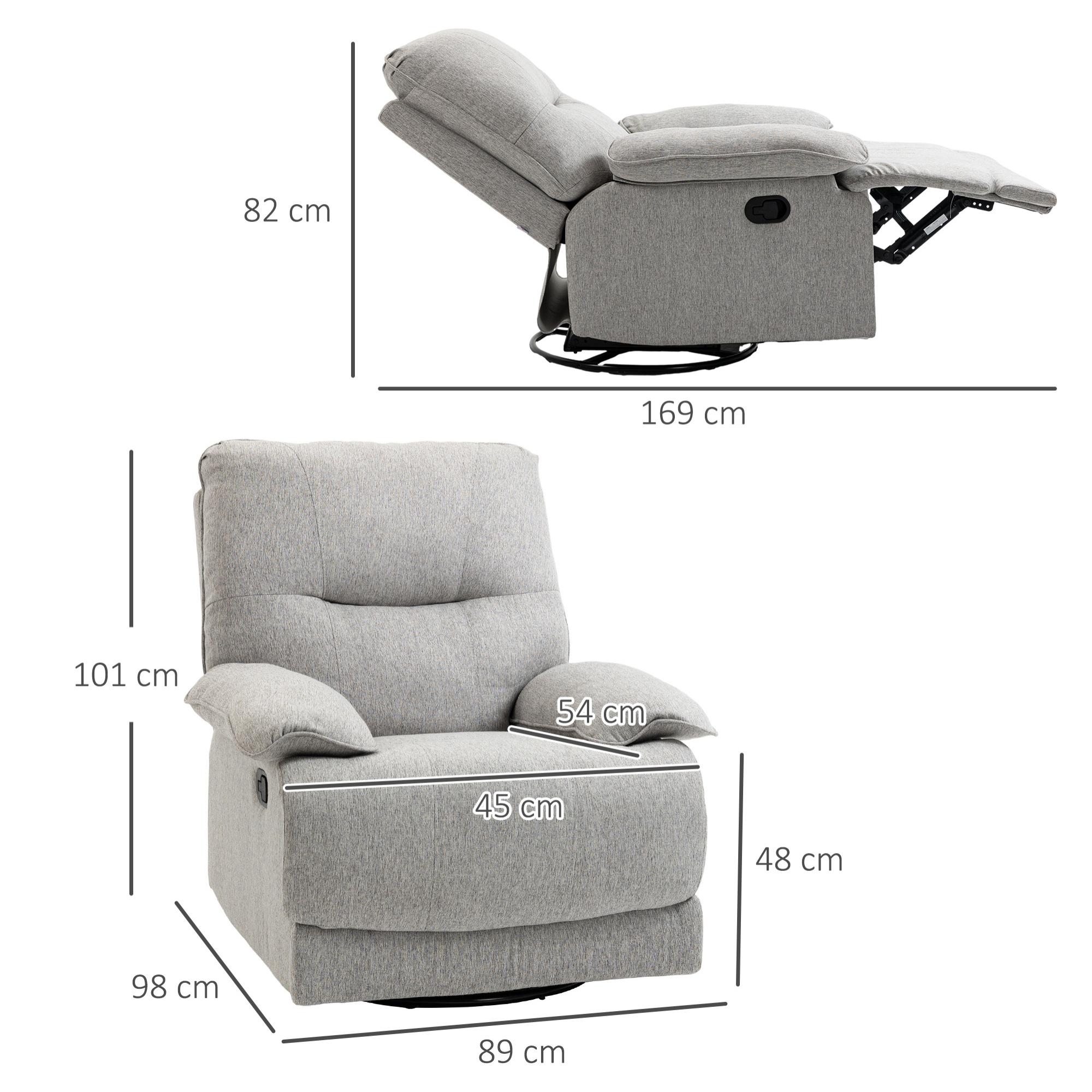 Sillón Reclinable de Salón Sillón Relax Reclinable Manual Tapizado en Tela con Reposapiés Carga 160 kg para Personas 150-190 cm 89x98x101 cm Gris