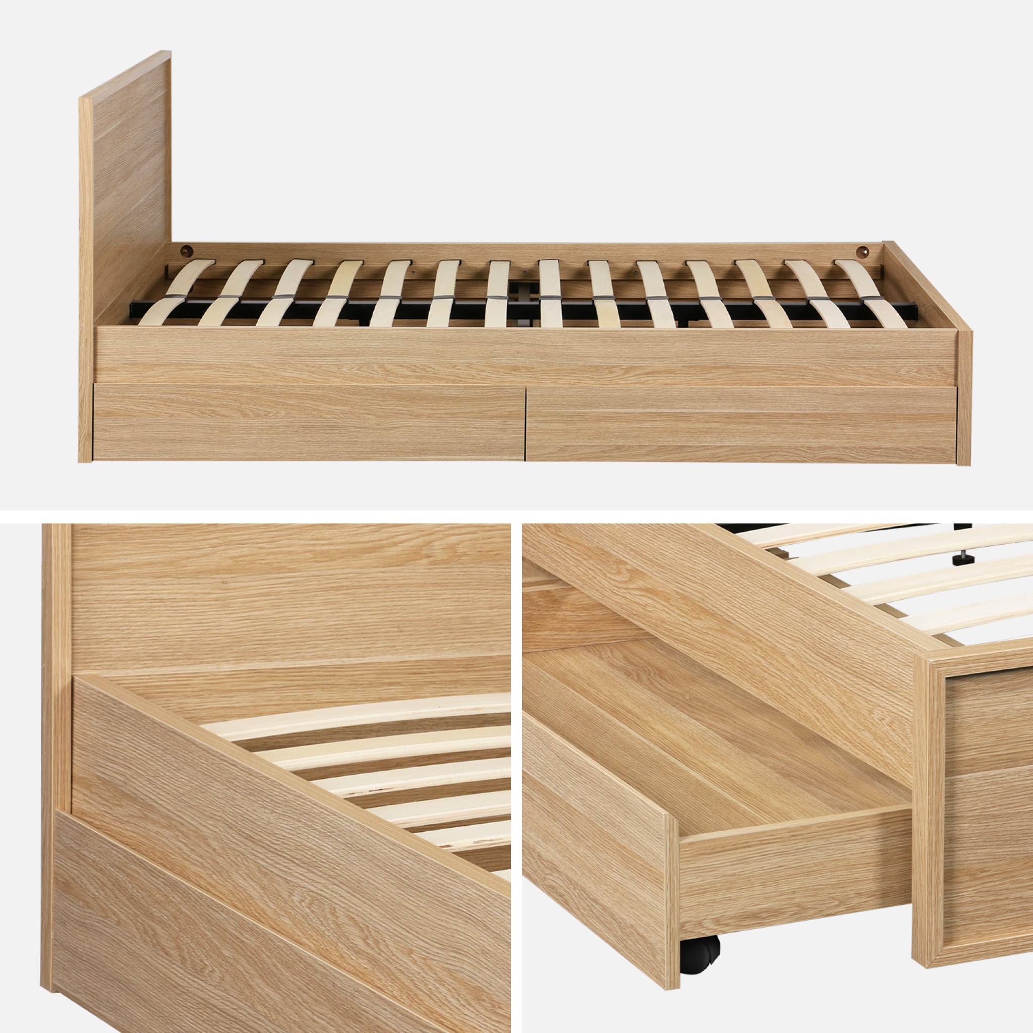 Lit avec sommier à lattes et tête de lit 140 x 190cm + 4 tiroirs décor bois KUBA