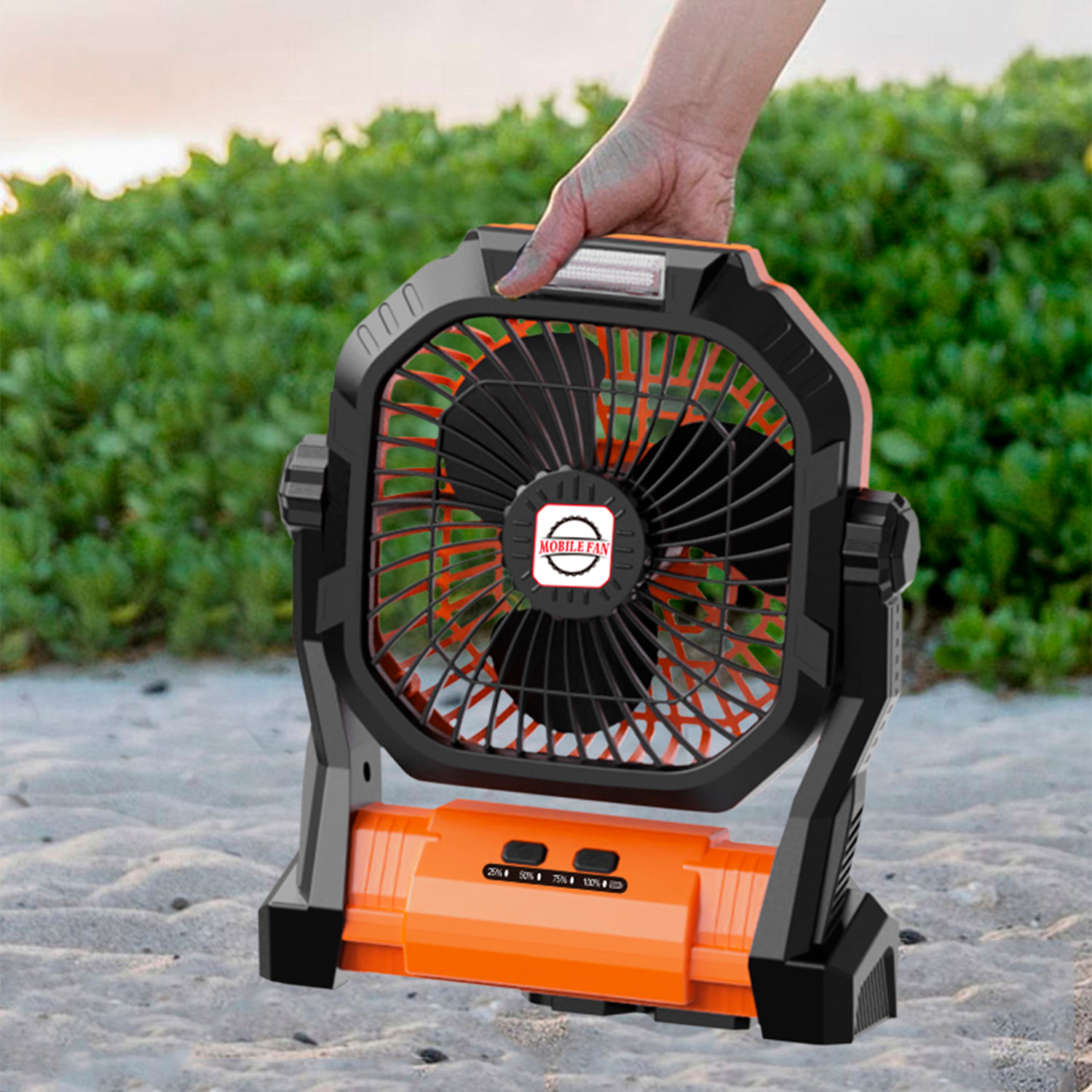 Ventilador P50 con motor sin escobillas, LED con 8 luces, 4 velocidades, 3 niveles de luz. Ángulo ajustable de 180º, gancho para colgar y powerbank de 7800 mAh.