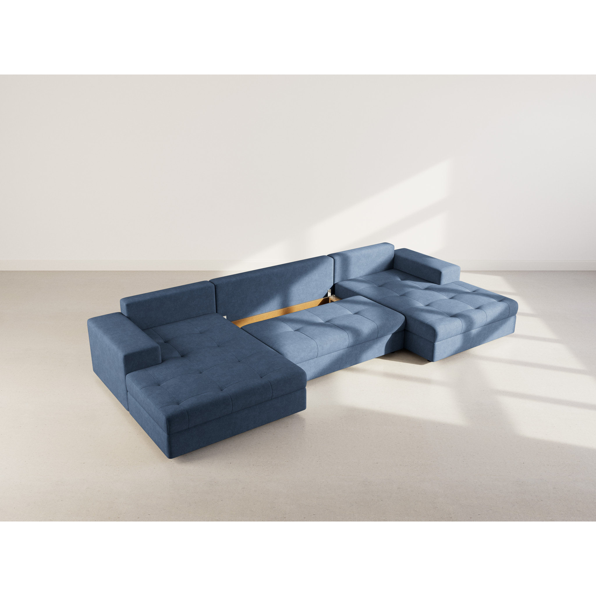 Bastian - canapé panoramique en U 7 places convertible avec coffre en velours texturé - Bleu