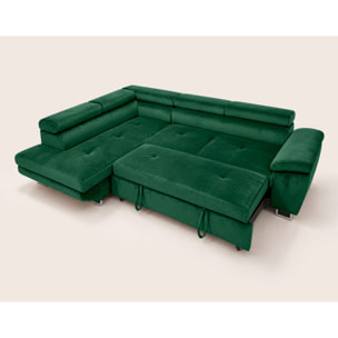 Dimas - canapé d'angle gauche 5 places - convertible avec coffre et têtières réglables - en velours - Vert