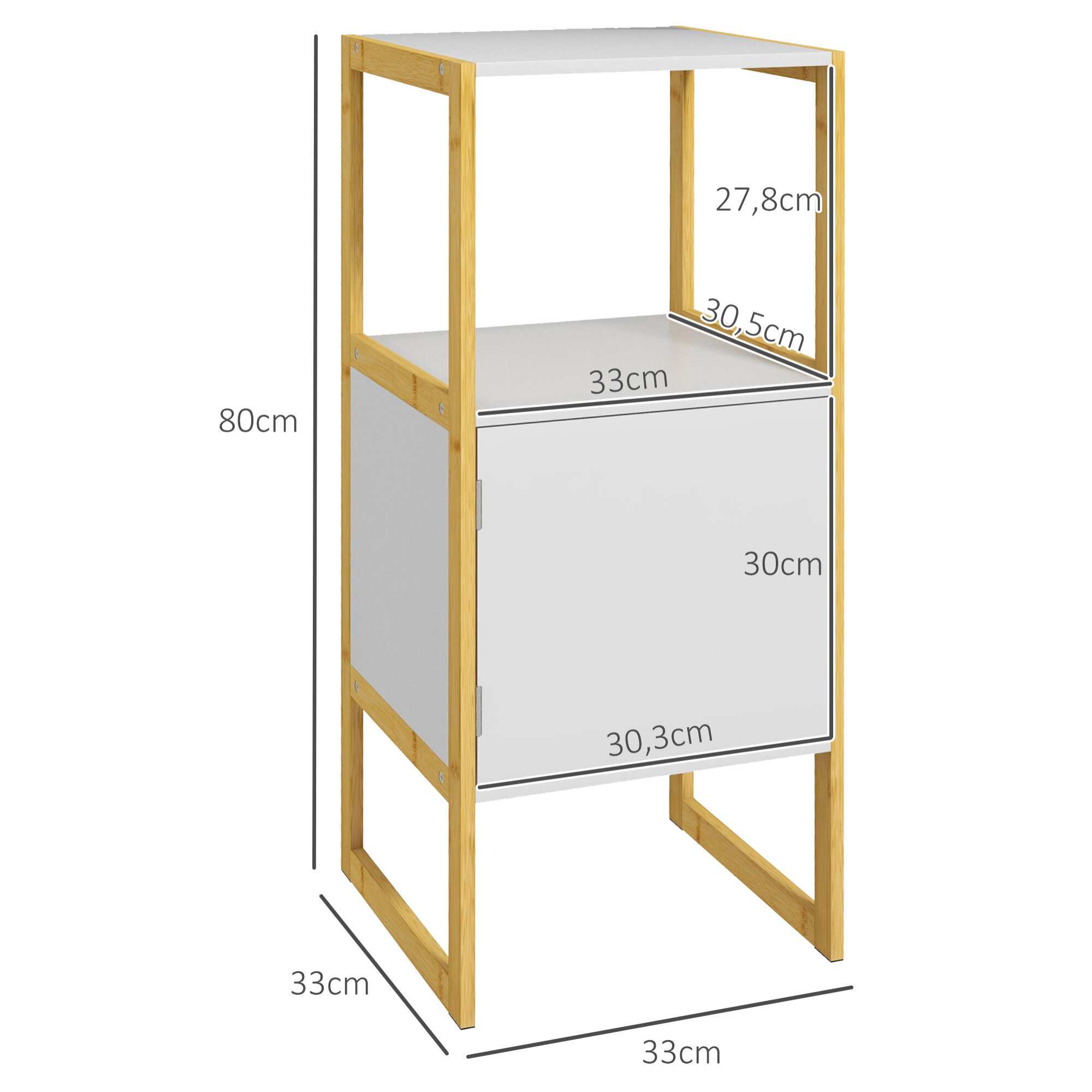 Meuble bas salle de bain - porte, étagère, plateau - châssis piètement bambou MDF blanc