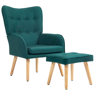 Sillón con Reposapiés Sillón Lectura con Respaldo Alto Capitoné Patas de Madera y Tapizado en Lino Butaca para Salón Dormitorio Oficina Verde Oscuro