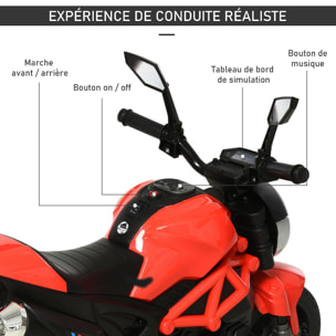 Moto électrique enfants 6 V 5 Km/h max. marche AV/AR effets lumineux et sonore rouge noir