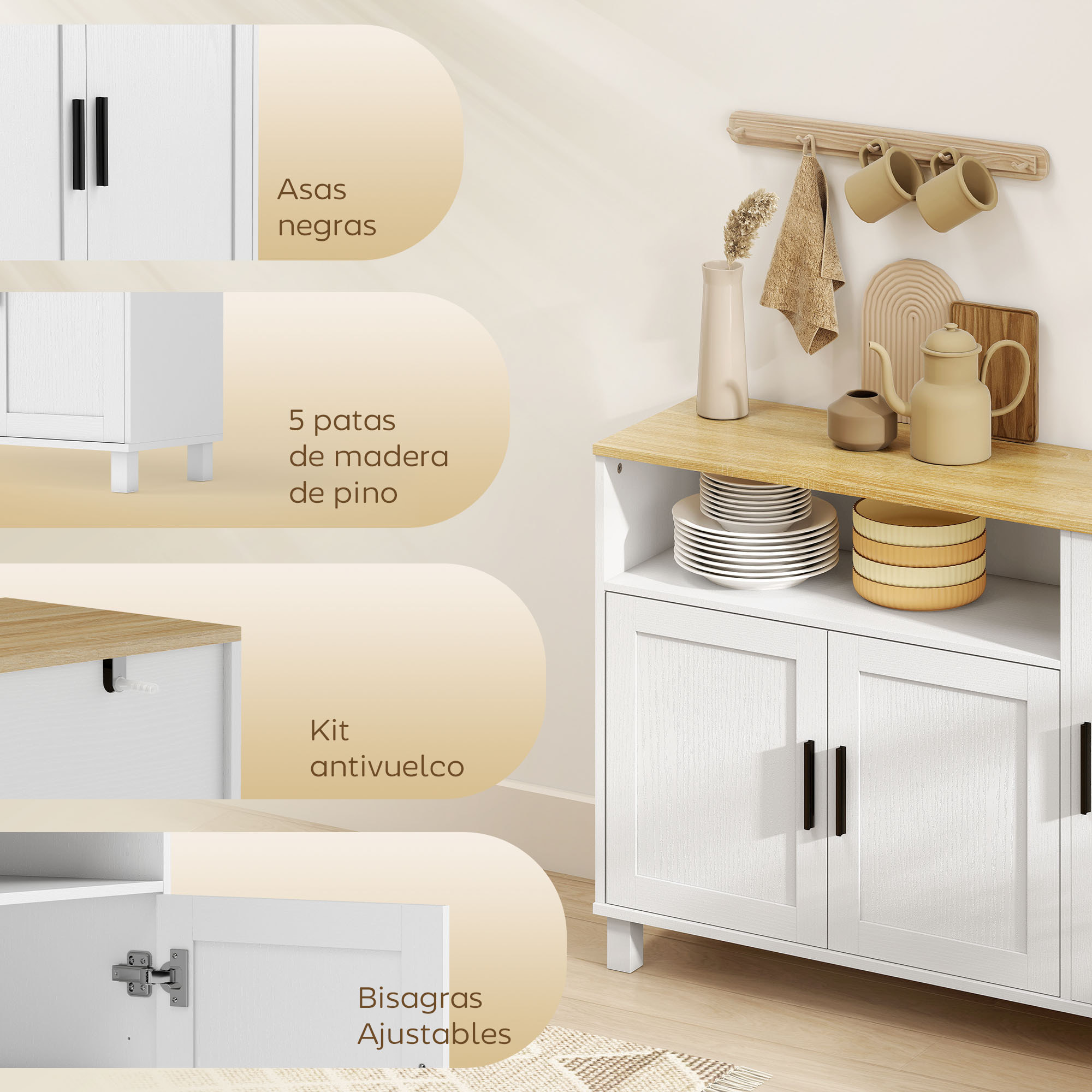 Aparador de 3 Puertas de Cierre Suave, Aparador de Salón con Estantes Ajustables, Compartimento Abierto, Patas de Madera, para Cocina, Entrada, Dormitorio, Blanco, 110x33x75 cm