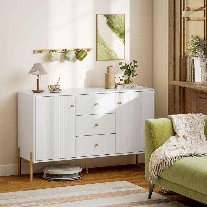 Aparador Moderno de 2 Puertas, Aparador de Salón con 3 Cajones, Estantes Ajustables, Encimera con Efecto Mármol, Patas de Acero, para Cocina, Entrada, Dormitorio, Blanco, 120x39,1x76 cm