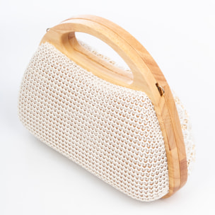 Ausa bolso de mano fabricado en madera natural, con papel trenzado y jute diseño malla de tejido floral