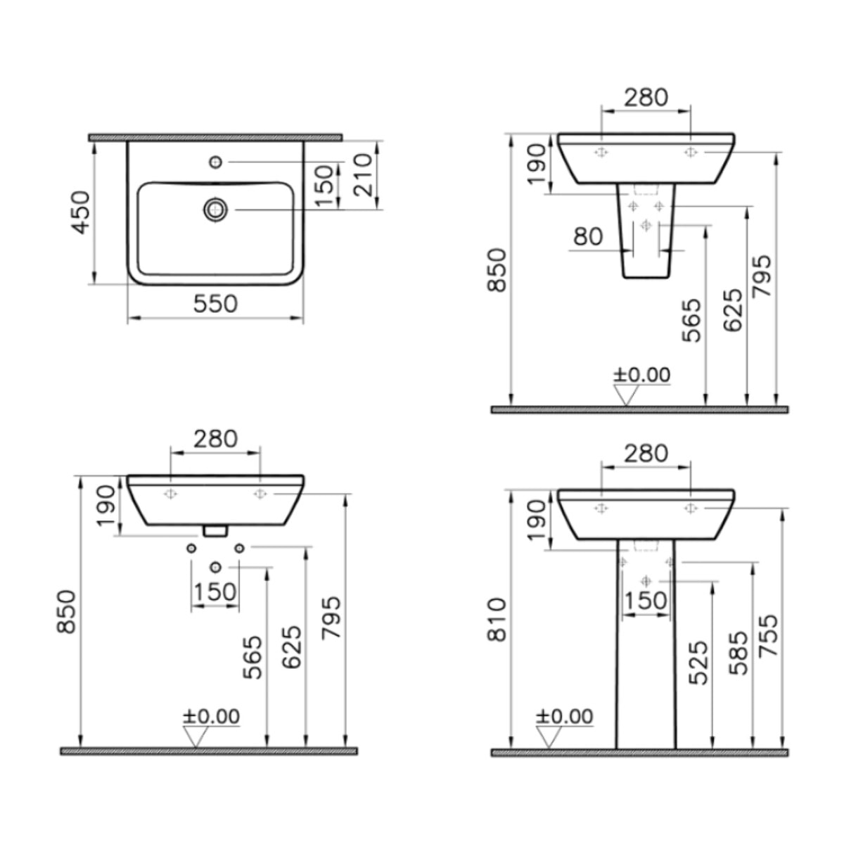 Integra 55x45x19 cm lavabo suspendu en céramique, trou pour robinetterie au milieu, avec trop-plein, blanc (7049-003-0001)