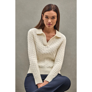 Maglione ecrù in filo intrecciato con colletto polo