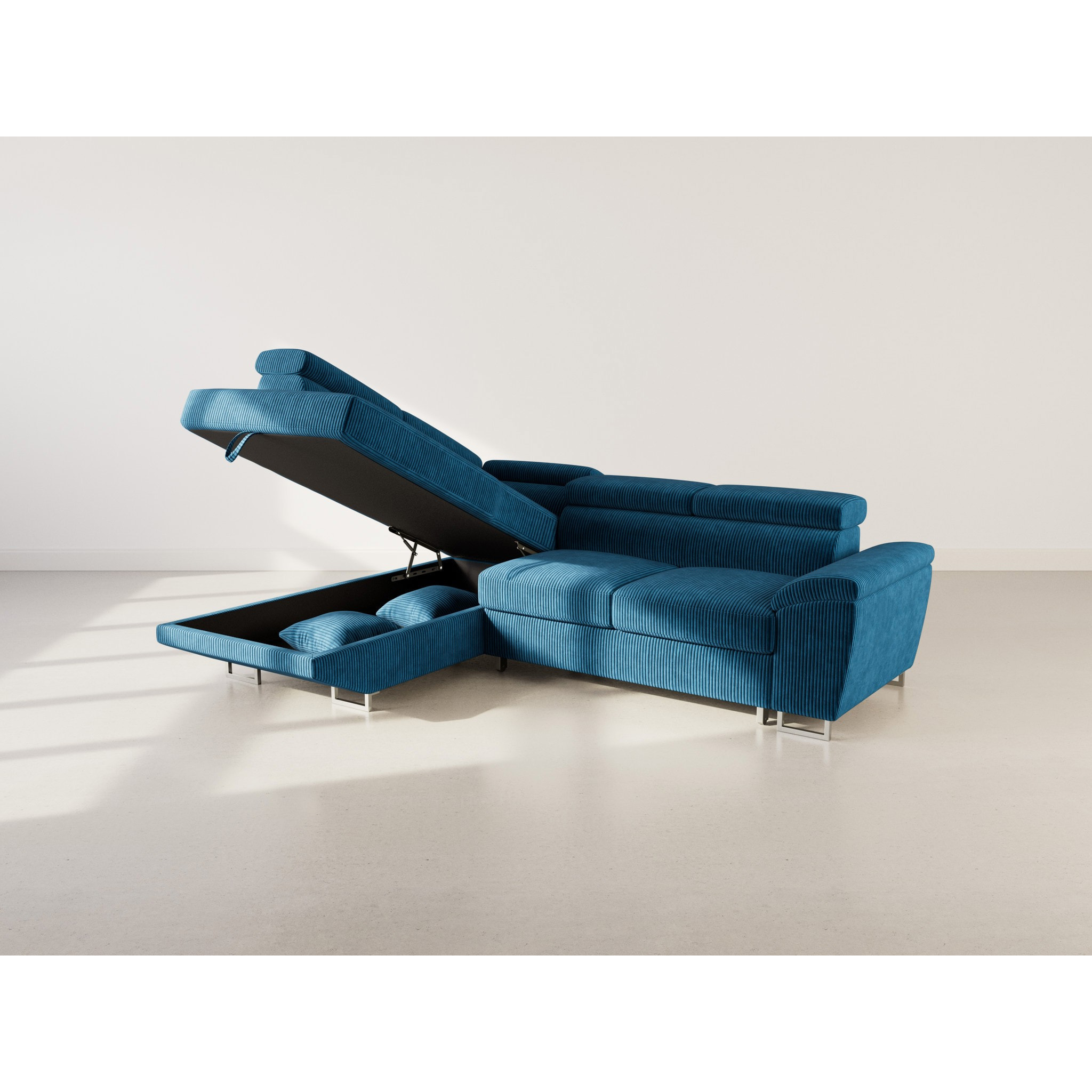 Baoji - Canapé d'angle gauche 5 places convertible avec têtières et coffre en velours côtelé - Bleu