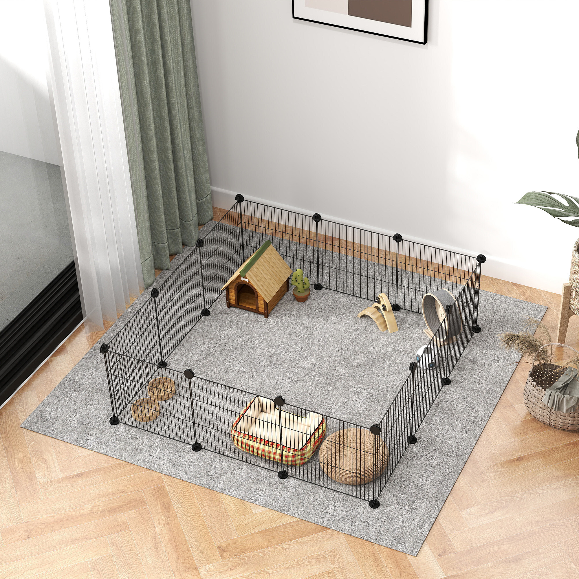 Cage parc enclos animaux domestiques L 140 x l 70 x H 35 cm bords arrondis fil métallique noir