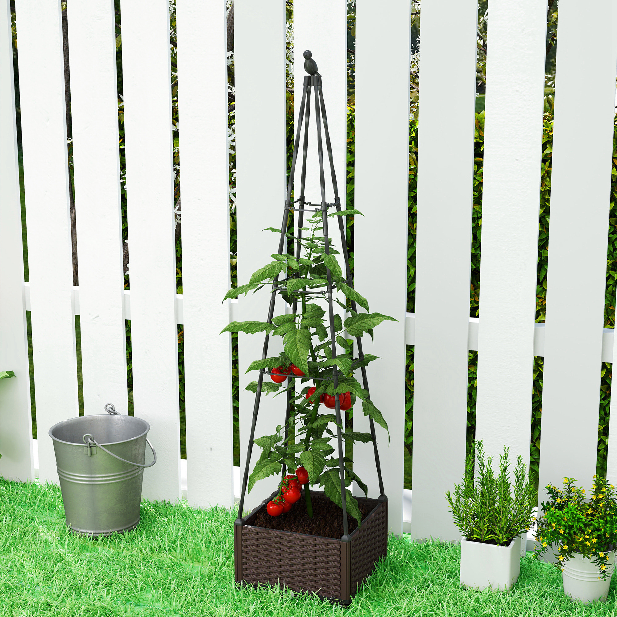 Jardinera con Enrejado Metálico, Jardinera Exterior para Plantas Trepadoras, Maceta de PP con Orificios de Drenaje y Tapones, Macetero Elevado para Jardín, Patio, 40x40x175 cm, Negro