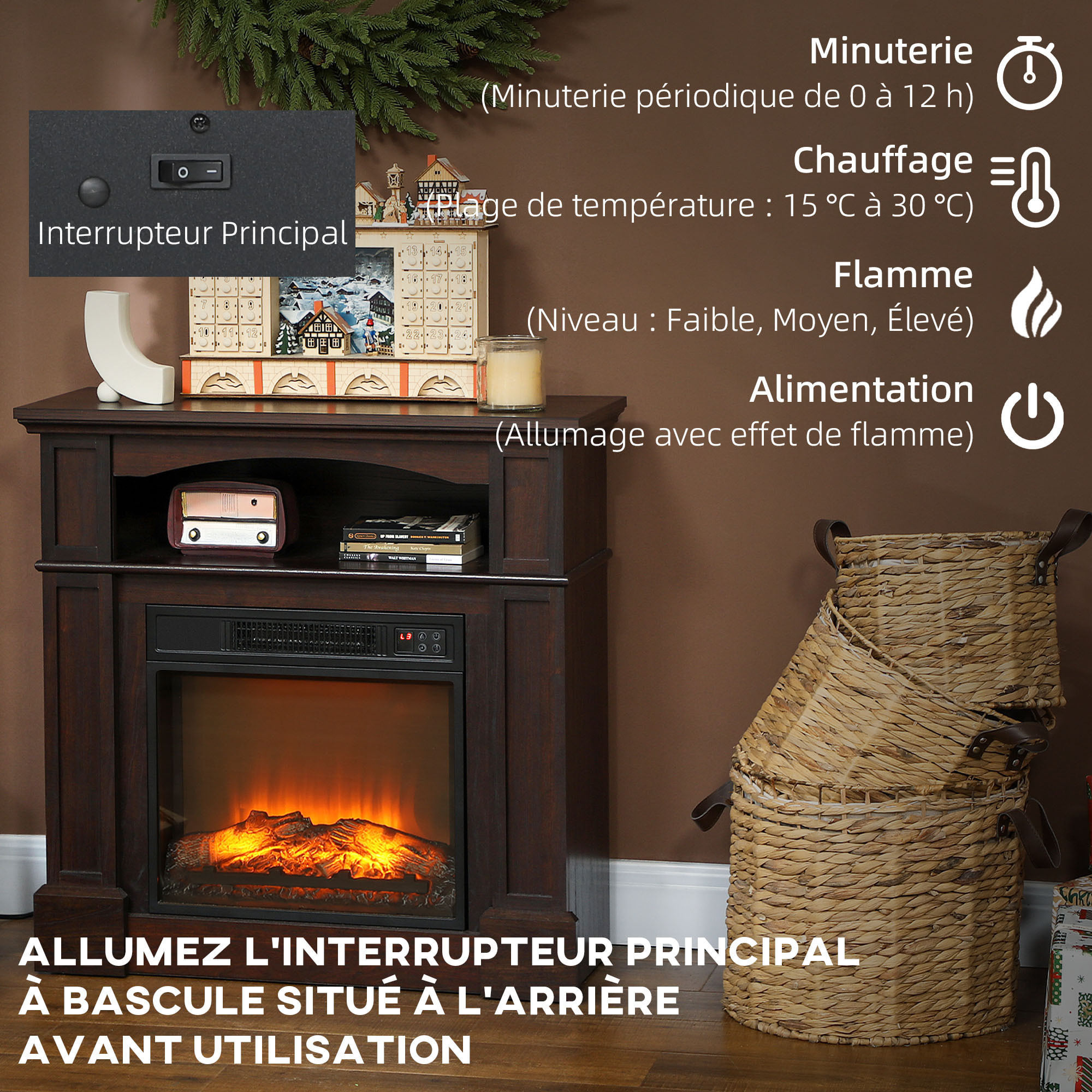 Cheminée électrique XL style classique chic 1800W  effet flammes LED réglable télécommande effet bois