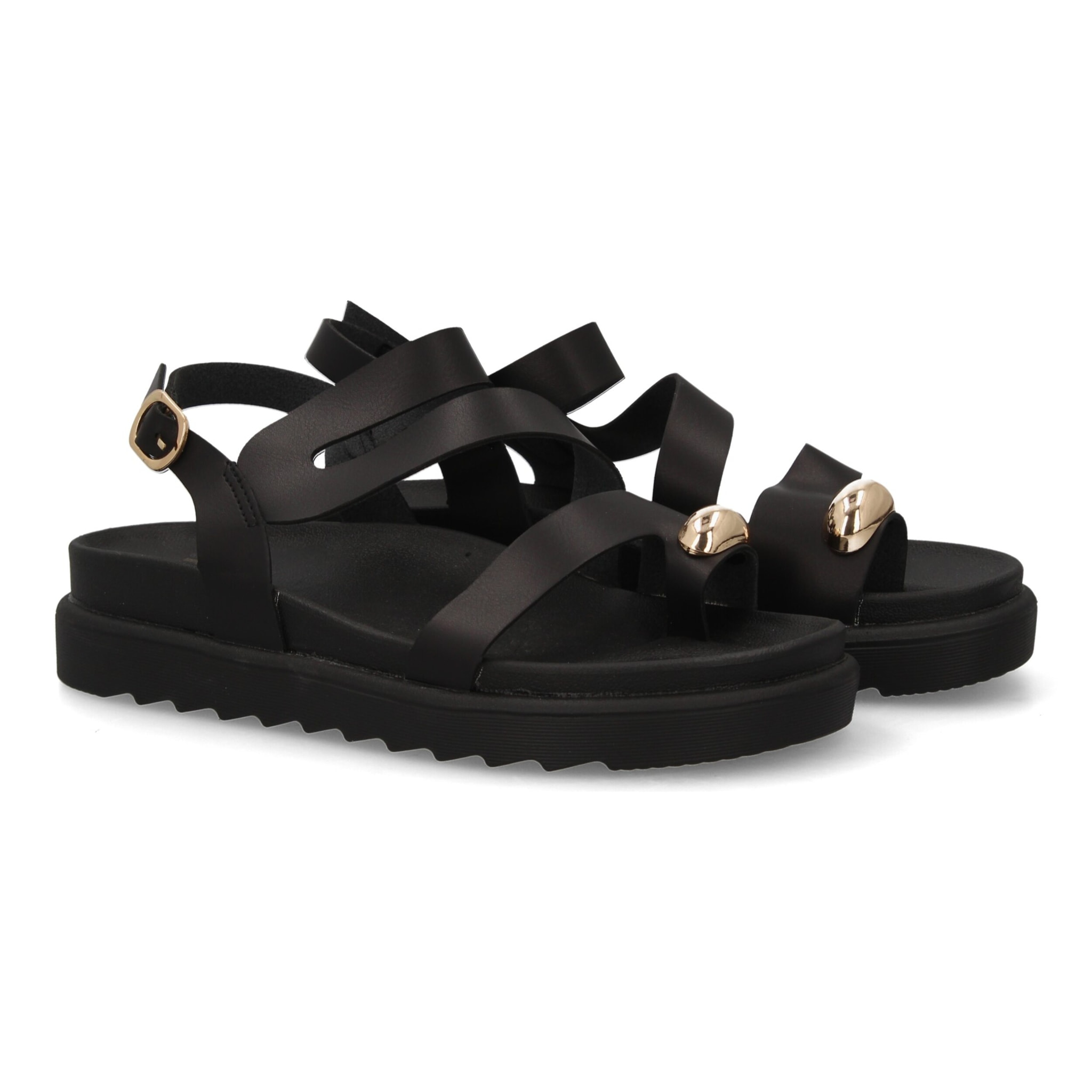 Sandalias cómodas de tiras mujer con adorno metálico.