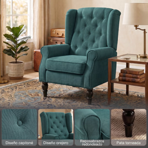 HOMCOM Sillón Orejero Moderno, Butaca de Salón con Reposabrazos y Patas de Madera, Sofá Individual Carga 160 kg para Oficina, Sala de Estar y Dormitorio, Verde Oscuro