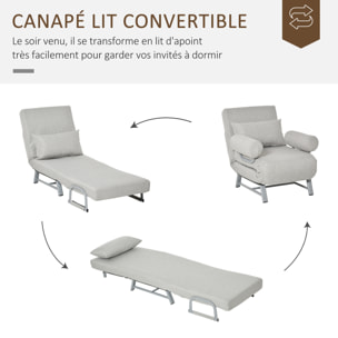 Fauteuil chauffeuse canapé-lit convertible inclinable 1 place grand confort coussin lombaires accoudoirs piètement métal lin gris clair