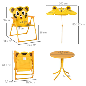 Ensemble salon de jardin enfant 4 pcs design tigre - table ronde + 2 chaises pliables + parasol - métal époxy oxford jaune