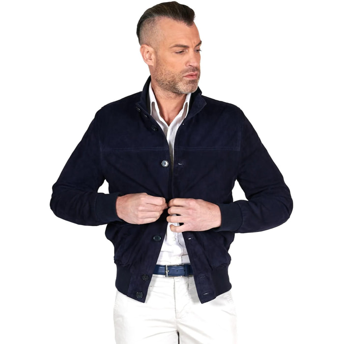 Giacca bomber in pelle camoscio blu con bottoni e tasconi