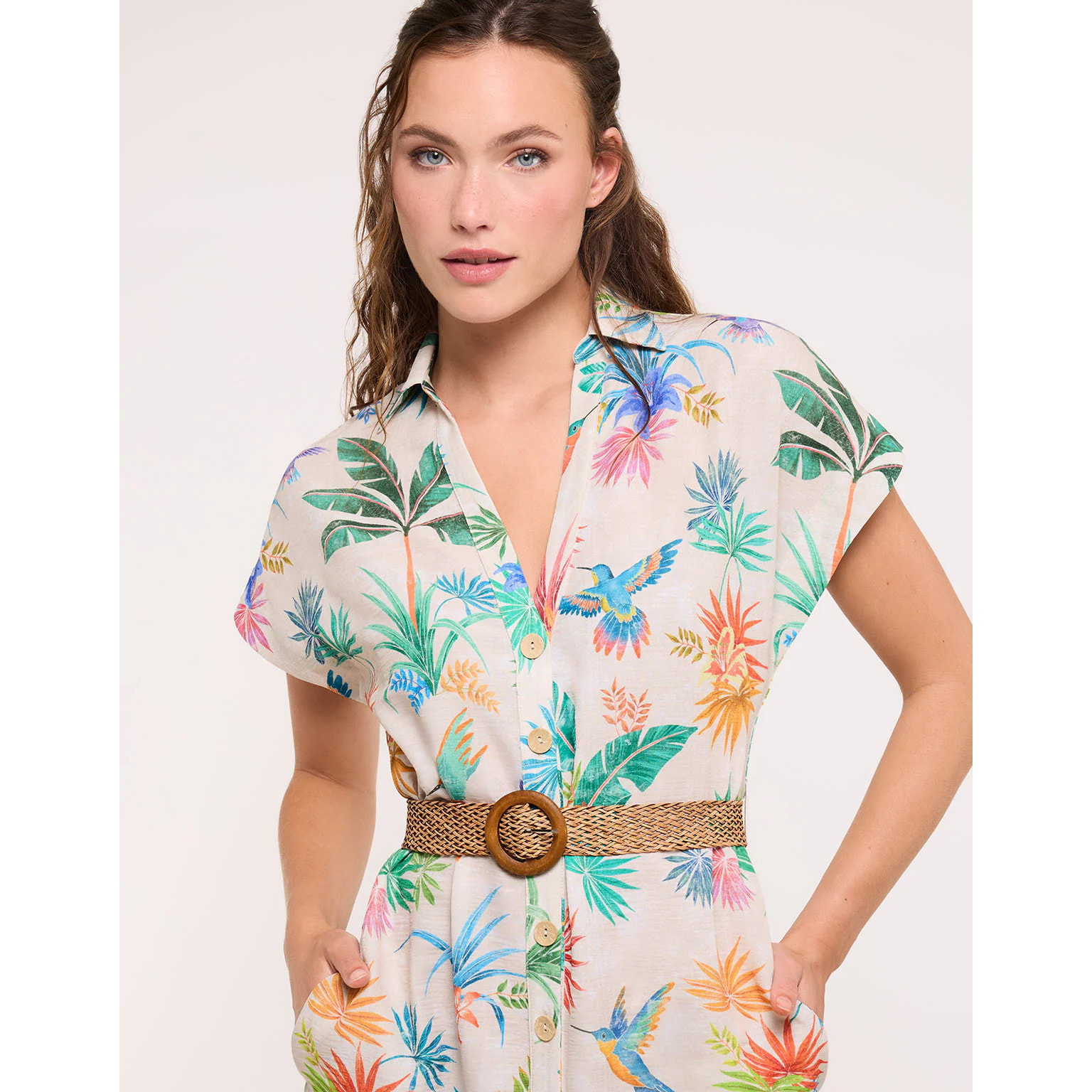 Vestido Camisero Colibríes con Cinturón - Calimea