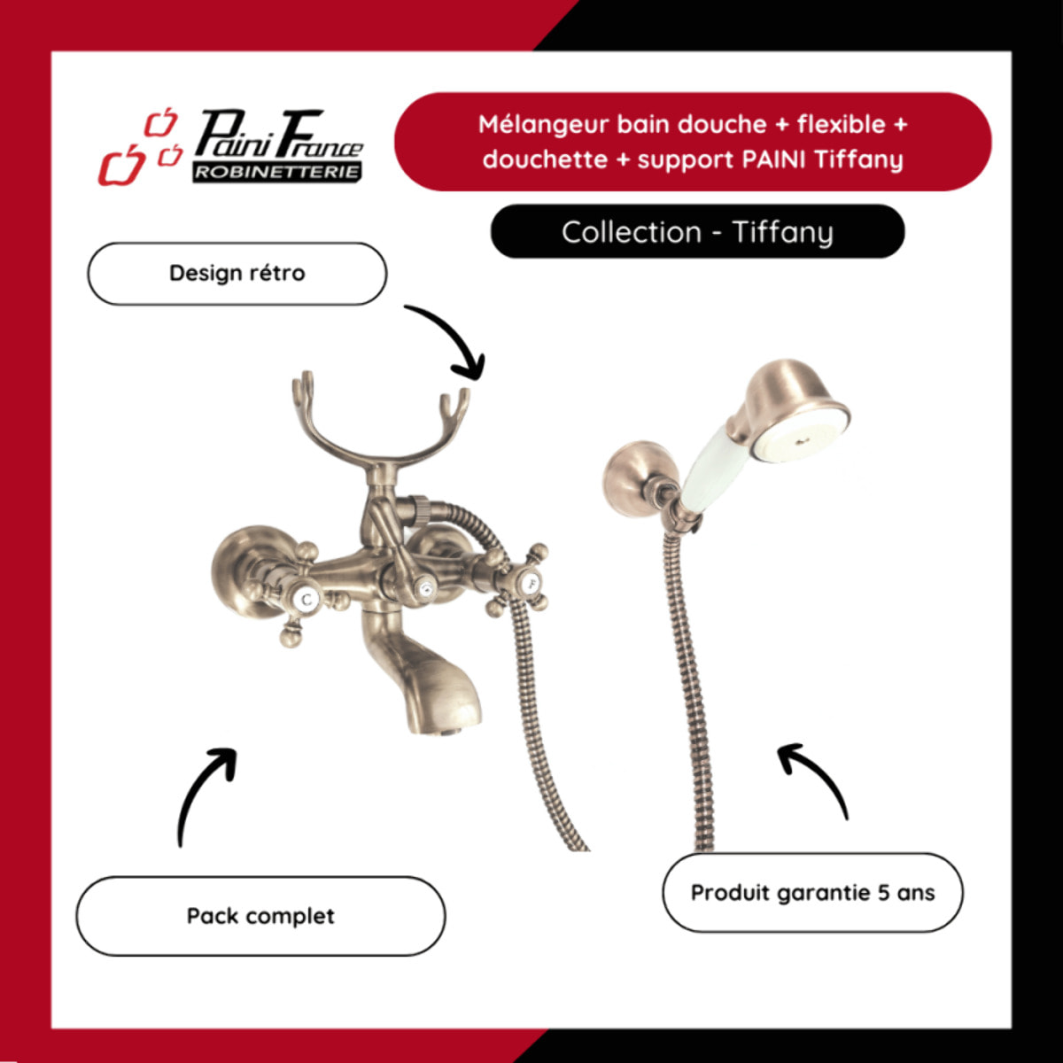 Mélangeur BAIN douche flexible + douchette + support  PAINI Tiffany Gris Acier
