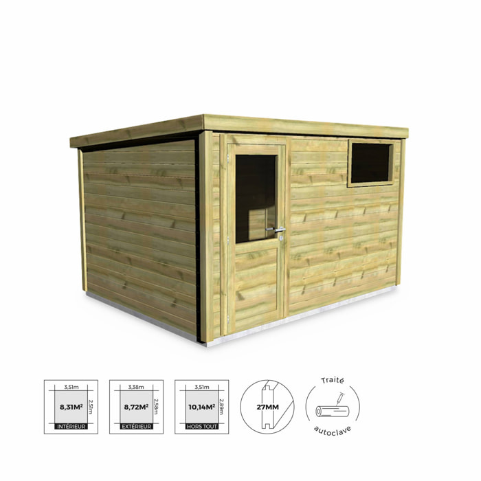 Abri de jardin contemporain 3.3 x 2.5m traité autoclave classe 3. Chamrousse en bois de 10.15m². structure en bois sylvestre 27mm. sapin du nord