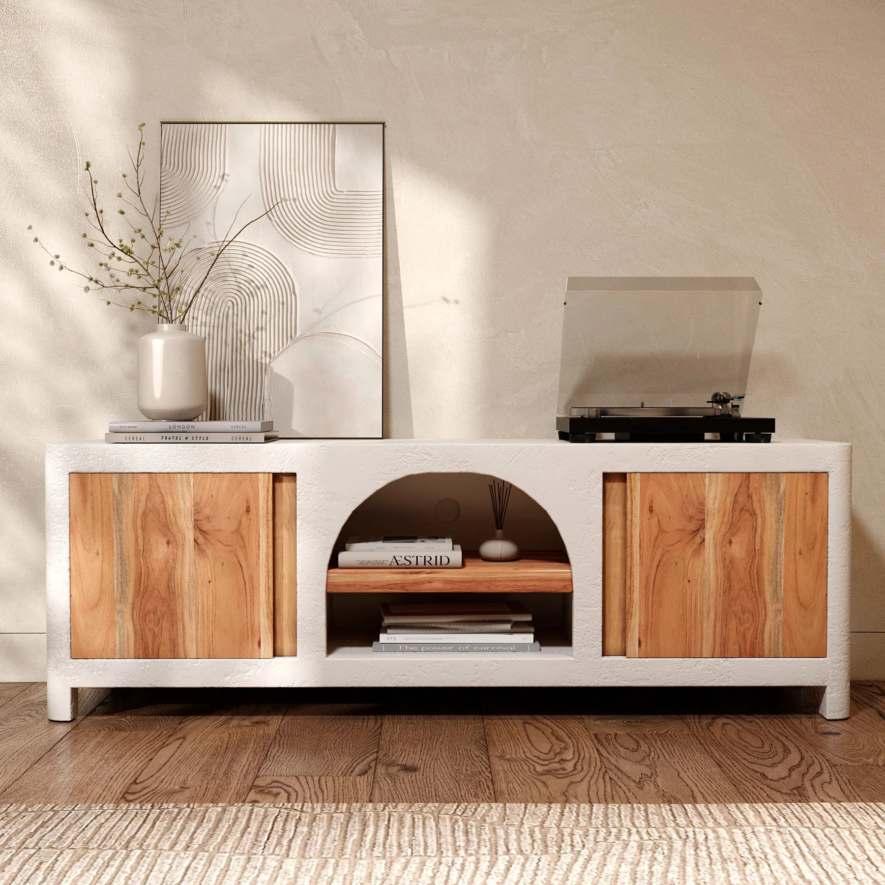 Meuble TV en béton blanc cassé et bois d'acacia 145 cm - Fira