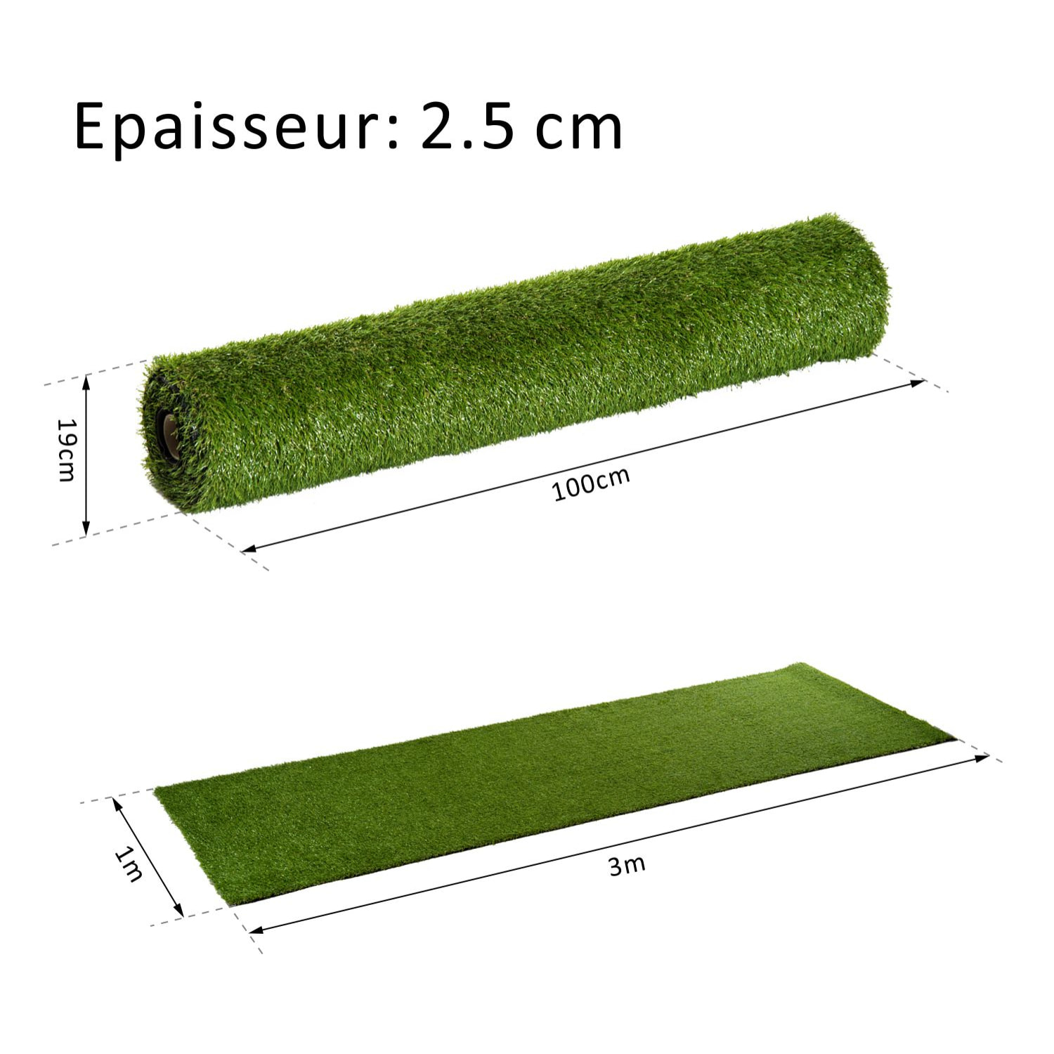 Gazon synthétique artificiel moquette extérieure intérieure 3L x 1l m herbes hautes denses 2,5 cm vert