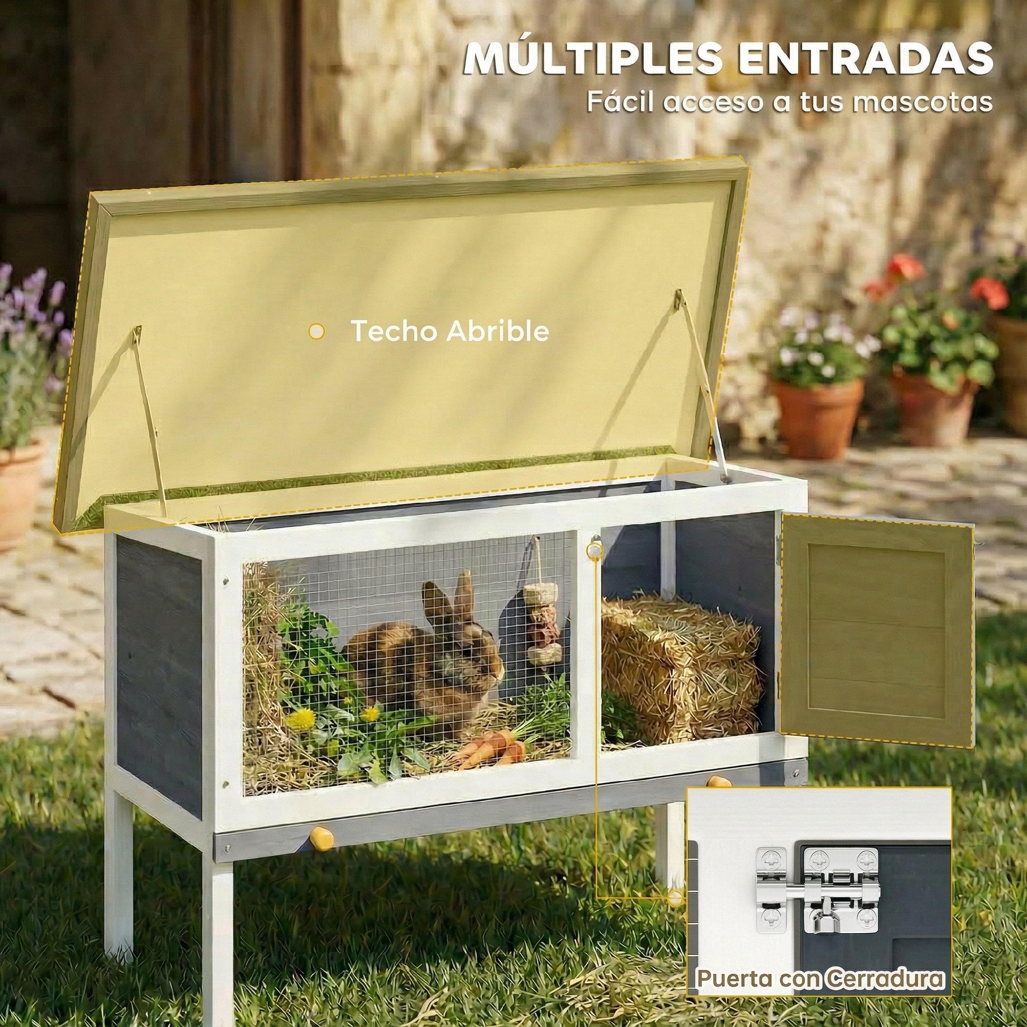 Conejera de Madera, Jaula para Conejos Medianos con Techo Asfáltico Abatible, Bandeja Extraíble, Puerta con Pestillo, Conejera Elevada Exterior, para Cobayas y Chinchillas, 90x45x65 cm, Gris