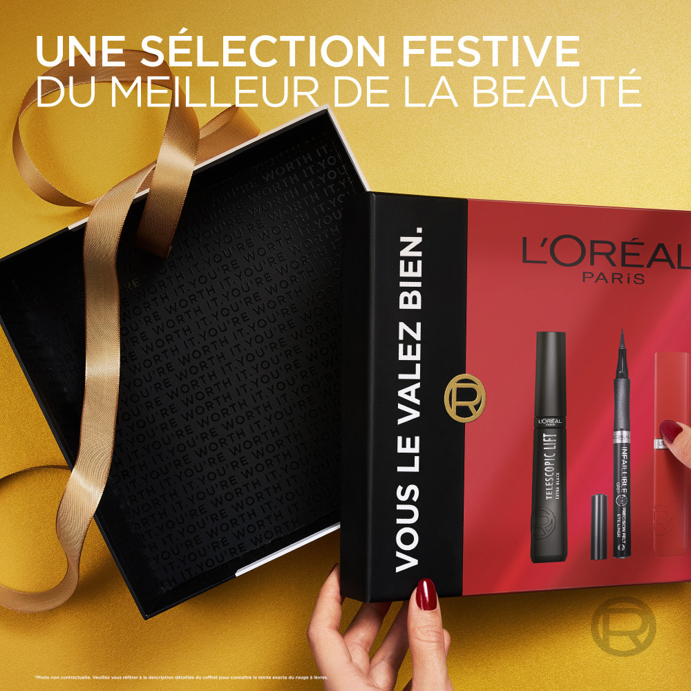 L'Oréal Paris Telescopic Lift Noir, Felt tip Eyeliner Noir, Infaillible Matte Resistance Rouge.
